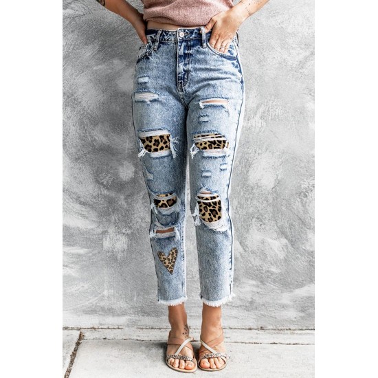 Sky Blue Leopard Patches Patchwork Distressed Faded Jeans