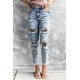 Sky Blue Leopard Patches Patchwork Distressed Faded Jeans