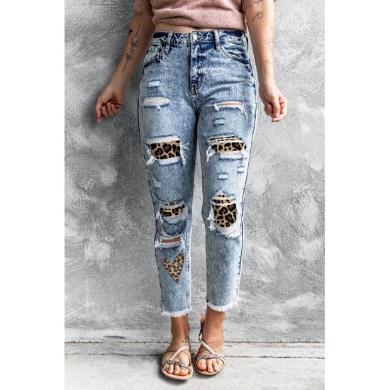 Sky Blue Leopard Patches Patchwork Distressed Faded Jeans