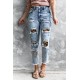 Sky Blue Leopard Patches Patchwork Distressed Faded Jeans