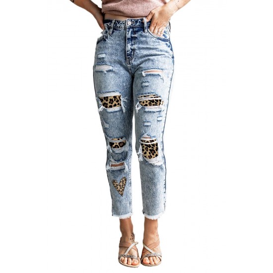 Sky Blue Leopard Patches Patchwork Distressed Faded Jeans