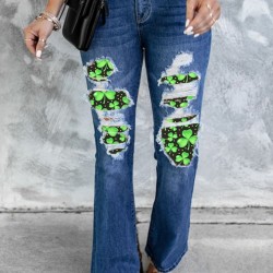 Blue St Patrick Clover Patchwork High Rise Flare Jeans