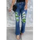 Blue St Patrick Clover Patchwork High Rise Flare Jeans