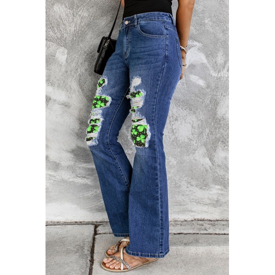 Blue St Patrick Clover Patchwork High Rise Flare Jeans