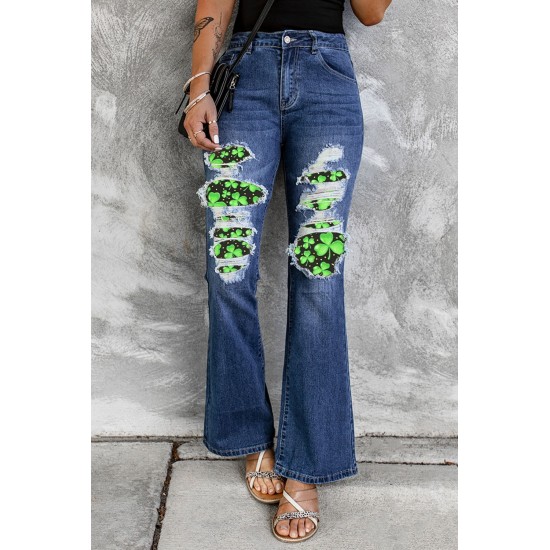 Blue St Patrick Clover Patchwork High Rise Flare Jeans