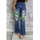 Blue St Patrick Clover Patchwork High Rise Flare Jeans