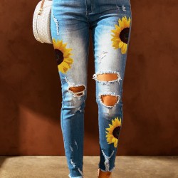 Sky Blue Sunflower Print Ripped Skinny Fit Jeans