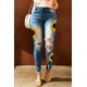 Sky Blue Sunflower Print Ripped Skinny Fit Jeans