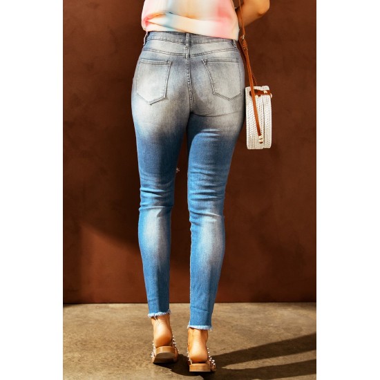 Sky Blue Sunflower Print Ripped Skinny Fit Jeans