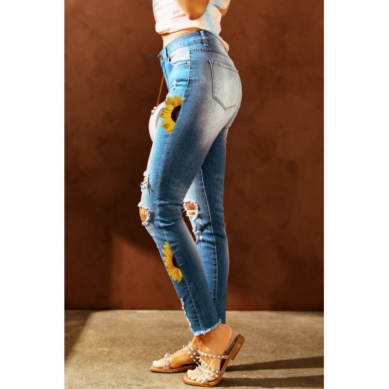 Sky Blue Sunflower Print Ripped Skinny Fit Jeans