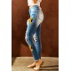 Sky Blue Sunflower Print Ripped Skinny Fit Jeans