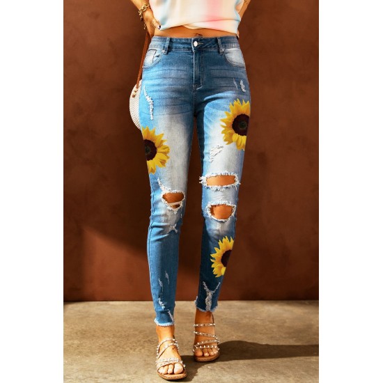 Sky Blue Sunflower Print Ripped Skinny Fit Jeans