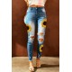 Sky Blue Sunflower Print Ripped Skinny Fit Jeans