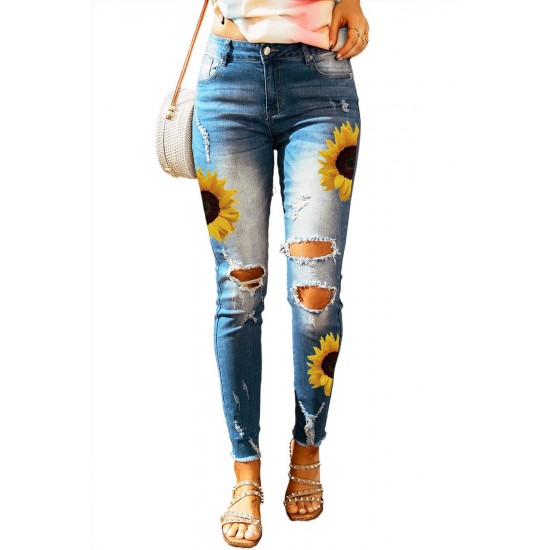 Sky Blue Sunflower Print Ripped Skinny Fit Jeans