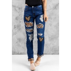 Blue Heart Leopard Patchwork Slim-fit Distressed Jeans