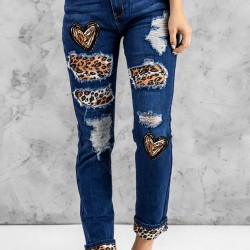 Blue Heart Leopard Patchwork Slim-fit Distressed Jeans