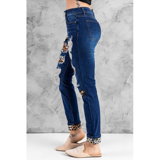 Blue Heart Leopard Patchwork Slim-fit Distressed Jeans