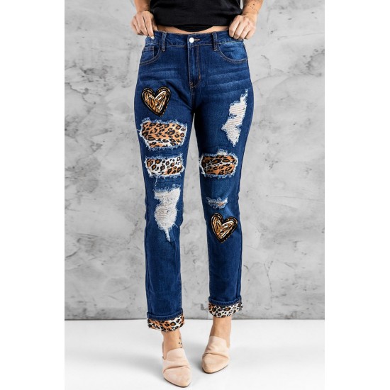 Blue Heart Leopard Patchwork Slim-fit Distressed Jeans