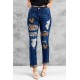 Blue Heart Leopard Patchwork Slim-fit Distressed Jeans