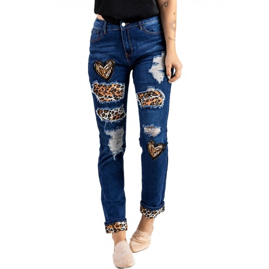 Blue Heart Leopard Patchwork Slim-fit Distressed Jeans