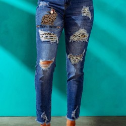 Blue Casual Leopard Animal Print Ripped Jeans