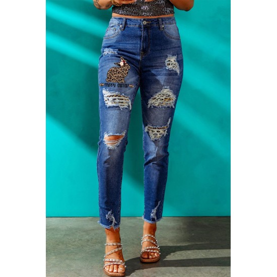 Blue Casual Leopard Animal Print Ripped Jeans