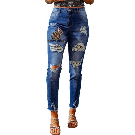 Blue Casual Leopard Animal Print Ripped Jeans