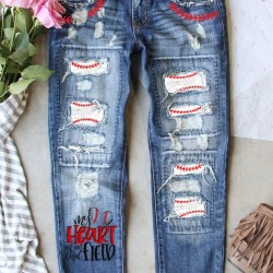 Sky Blue Letter Baseball Print Light Washed Distressed Jeans