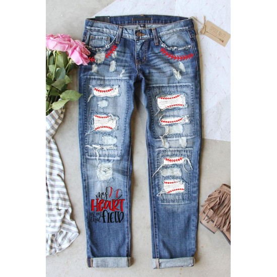 Sky Blue Letter Baseball Print Light Washed Distressed Jeans