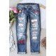 Sky Blue Letter Baseball Print Light Washed Distressed Jeans