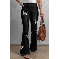 Black Butterfly Print Distressed Elastic High Waist Flare Jeans