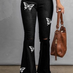 Black Butterfly Print Distressed Elastic High Waist Flare Jeans