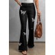 Black Butterfly Print Distressed Elastic High Waist Flare Jeans