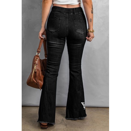 Black Butterfly Print Distressed Elastic High Waist Flare Jeans