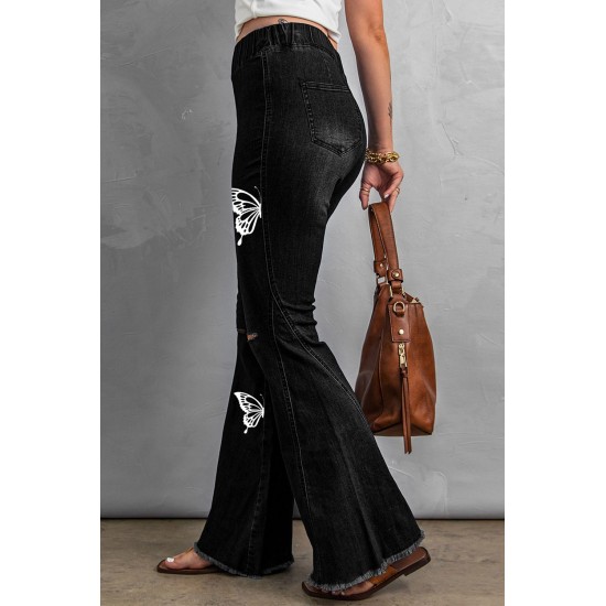 Black Butterfly Print Distressed Elastic High Waist Flare Jeans