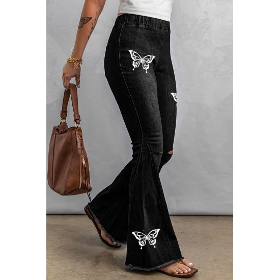 Black Butterfly Print Distressed Elastic High Waist Flare Jeans