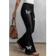 Black Butterfly Print Distressed Elastic High Waist Flare Jeans