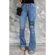 Sky Blue Easter Rabbit Print Button Fly Distressed Flare Jeans