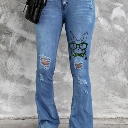 Sky Blue Easter Rabbit Print Button Fly Distressed Flare Jeans