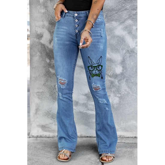 Sky Blue Easter Rabbit Print Button Fly Distressed Flare Jeans