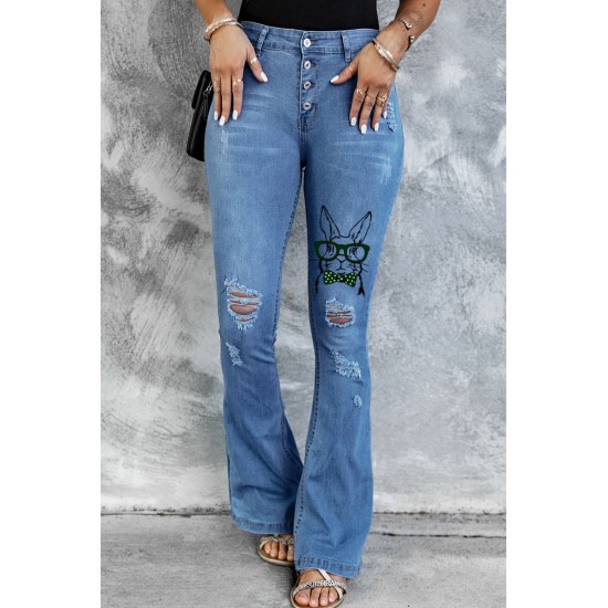 Sky Blue Easter Rabbit Print Button Fly Distressed Flare Jeans