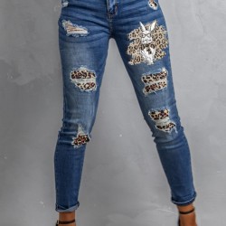 Easter Leopard Bunny Print Patchwork Distressed Skinny Jeans