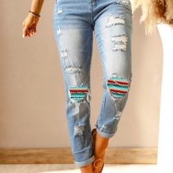 Sky Blue Western Ripped Colorblock Graphic Jeans