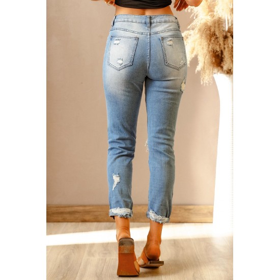 Sky Blue Western Ripped Colorblock Graphic Jeans