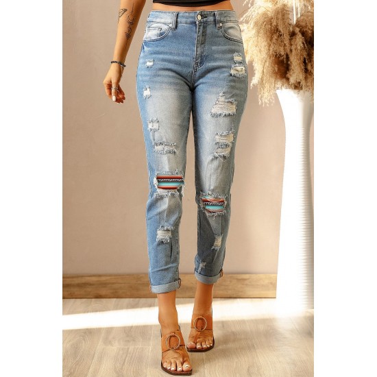 Sky Blue Western Ripped Colorblock Graphic Jeans