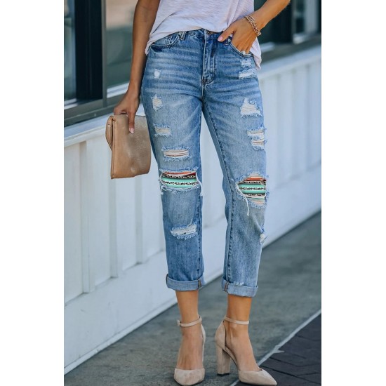 Sky Blue Western Ripped Colorblock Graphic Jeans