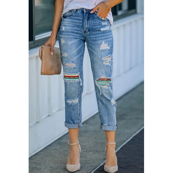 Sky Blue Western Ripped Colorblock Graphic Jeans