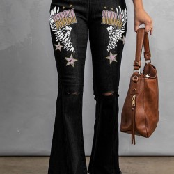 Black Rock Roll Wings Print Raw Hem Ripped Flare Jeans