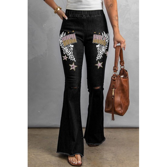 Black Rock Roll Wings Print Raw Hem Ripped Flare Jeans