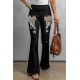 Black Rock Roll Wings Print Raw Hem Ripped Flare Jeans